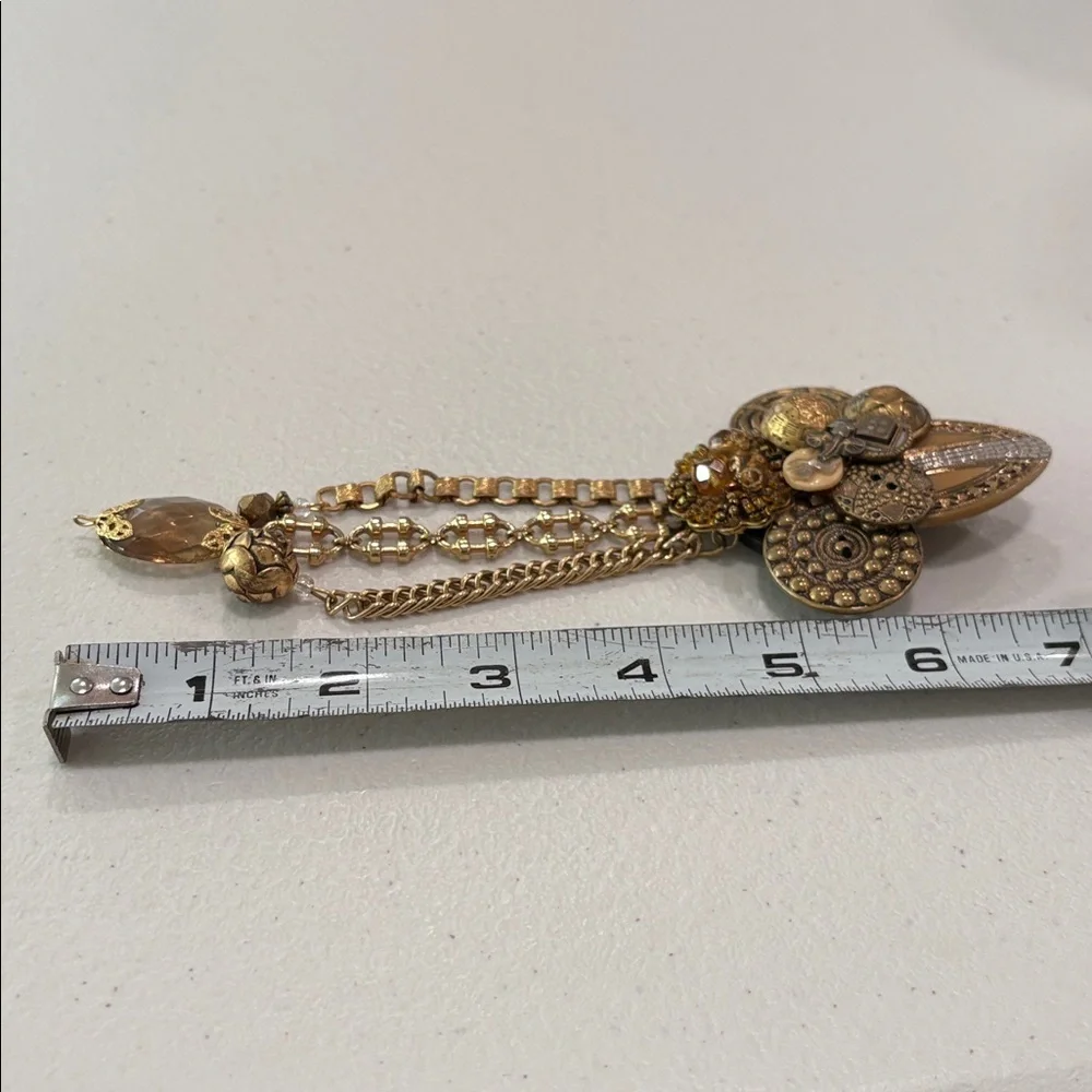 Vintage Glass & Metal Button Brooch with charms—BEAUTIFUL! Glass Beads—Artisan